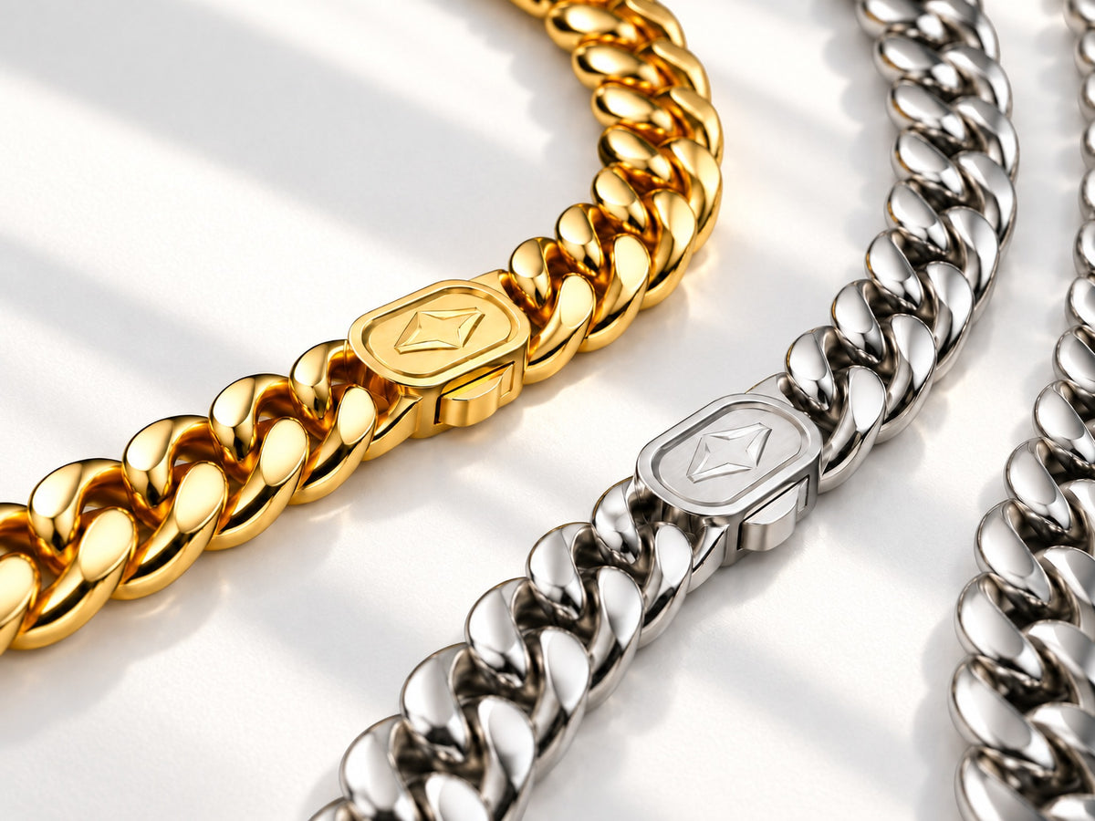 Gold and rhodium-finish VOLT Cuban links and engraved push-lock clasps
